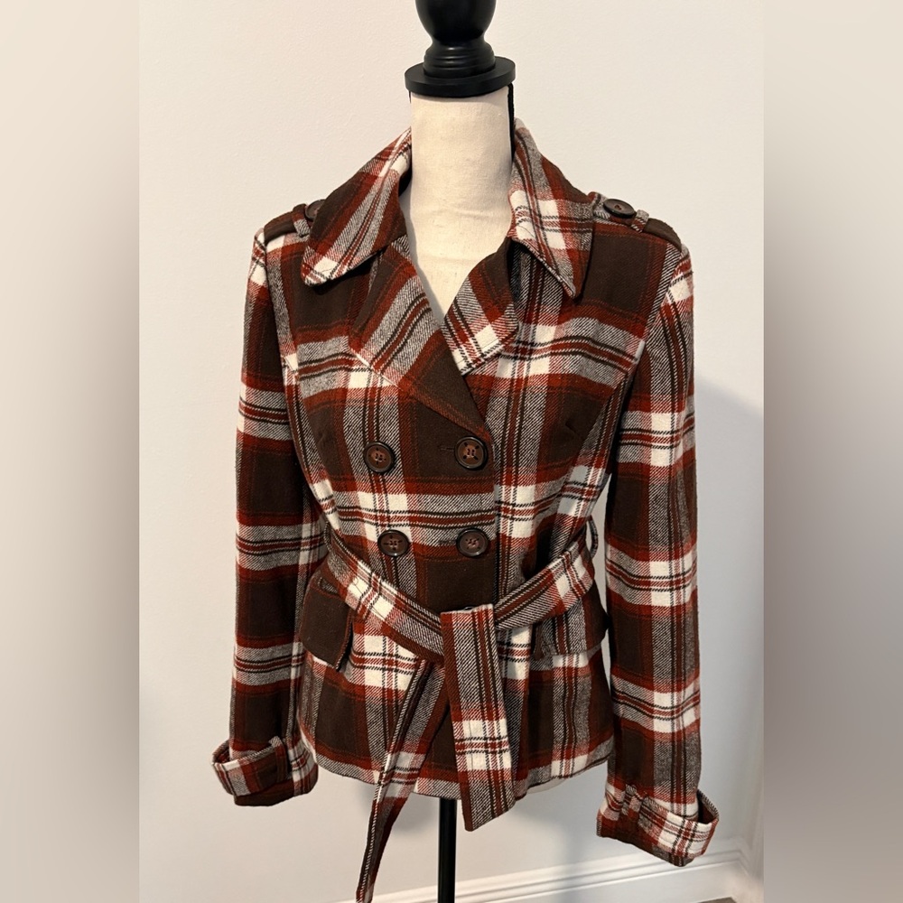 Decree Women's Plaid Peacoat with Belt Size L NWT
